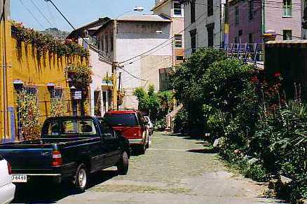 cobblestone street Chile old houses